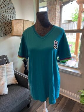 Psycho Bunny Teal V-Neck Short Sleeve Tee with Rainbow Trim